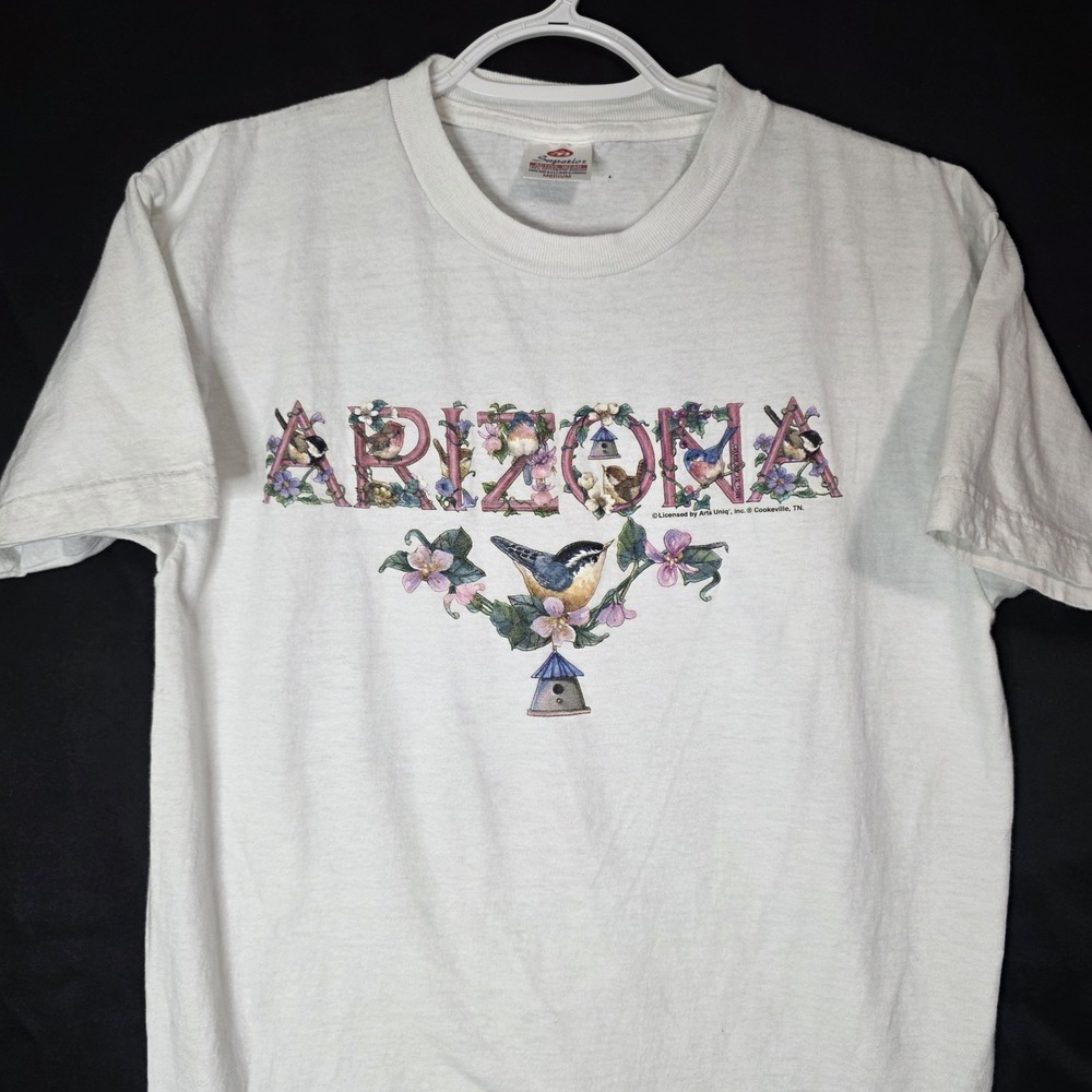Arizona Graphic T-Shirt Womens Medium White Bird Floral Nature‎ Tee